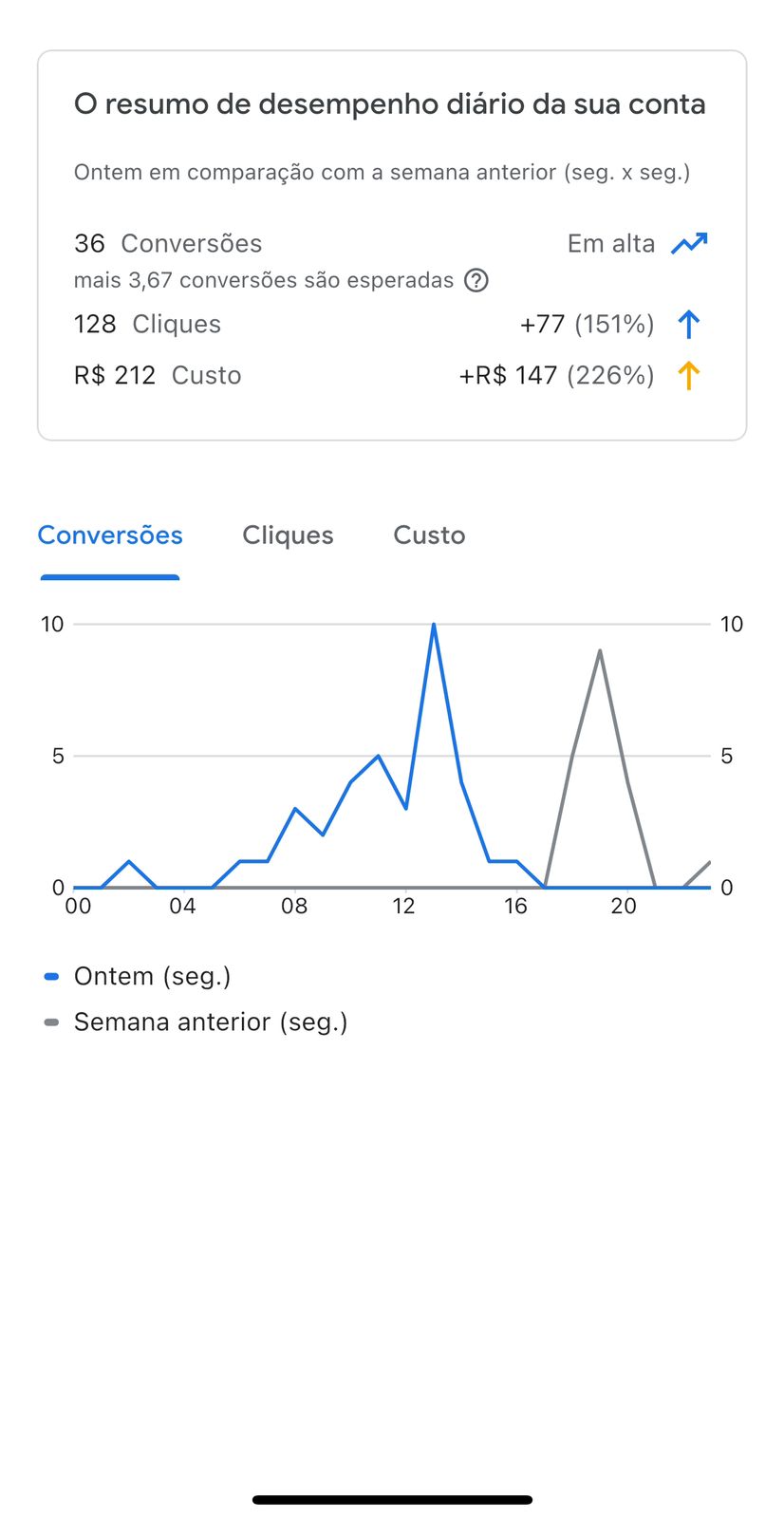 Resumo diário Google Ads com 36 conversões em alta